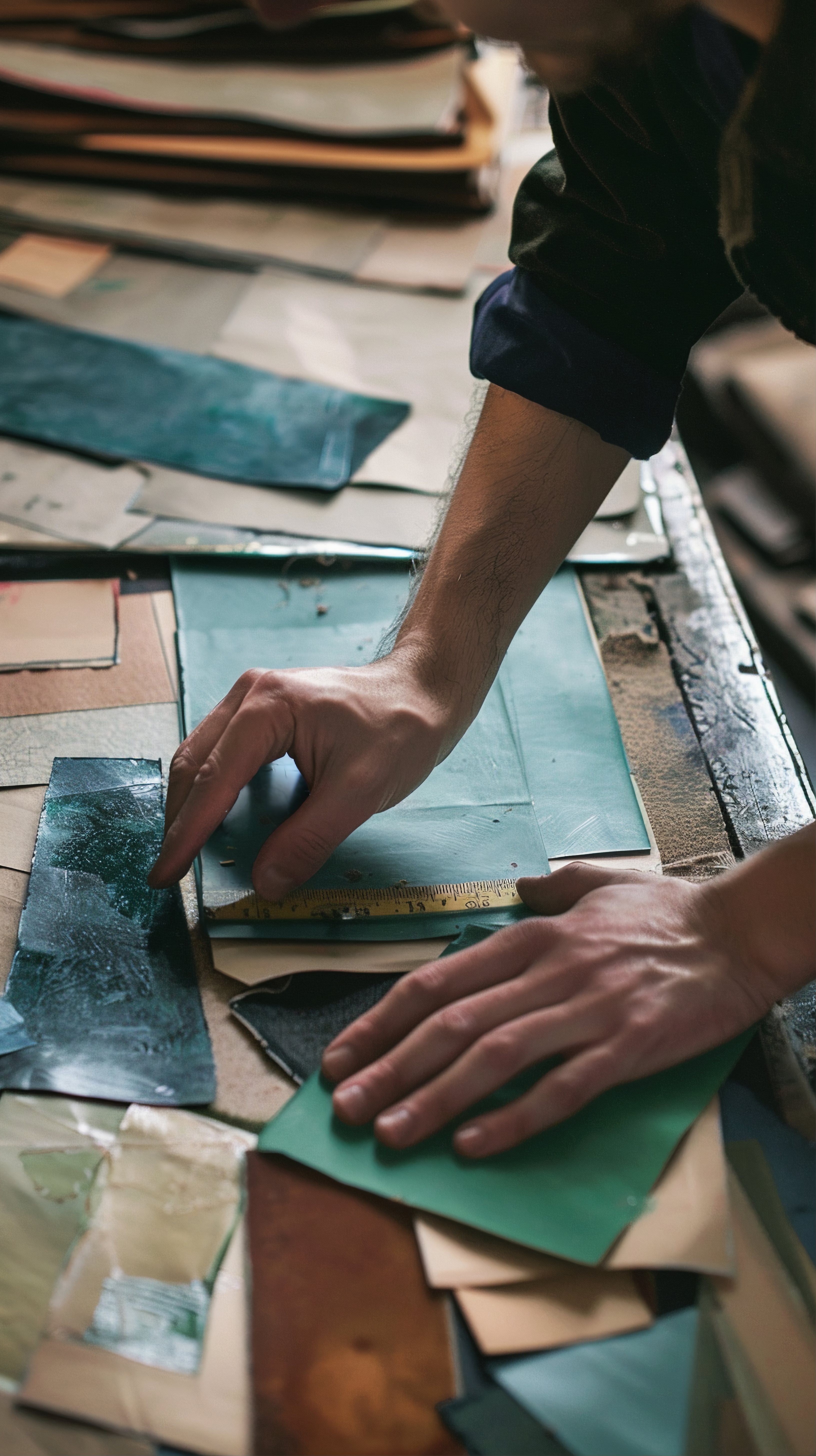 Artista trabajando con vidrio y materiales